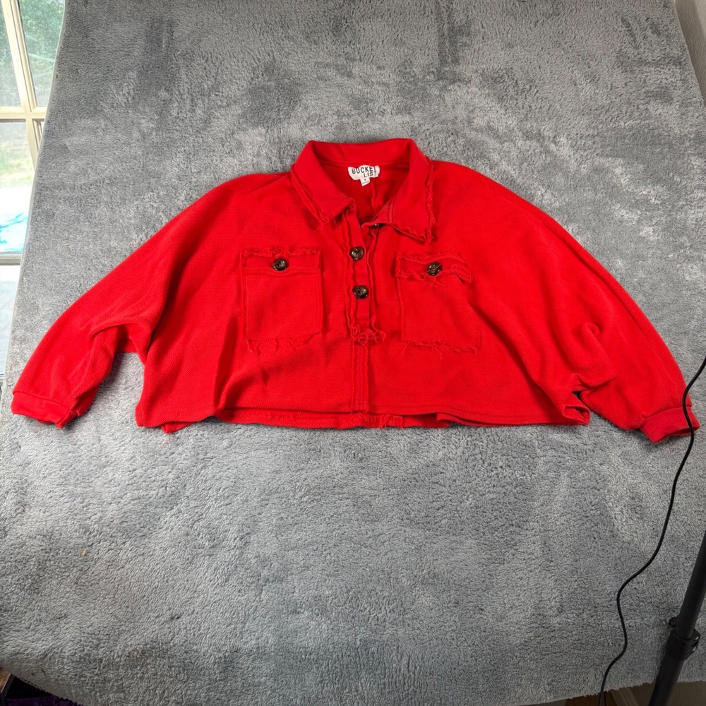 Bucket List Red Cropped Raw Hem Distressed Button Front Jacket Small